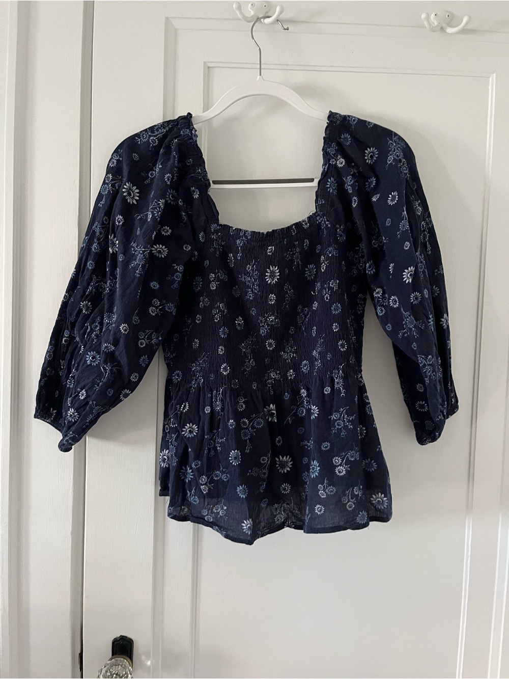 Madewell Navy Blue Floral Smocked Peasant Blouse